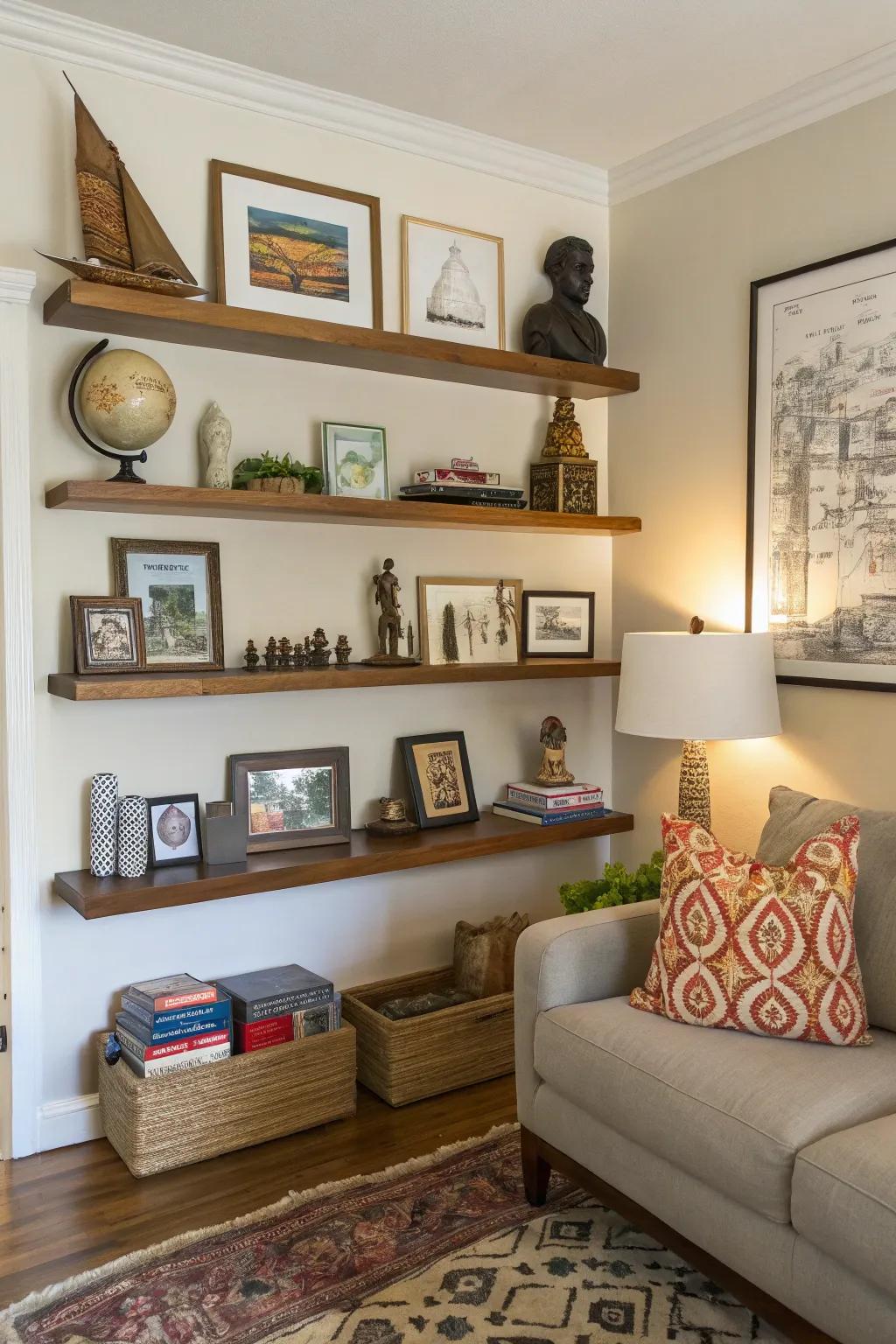 An eclectic mix of decor on floating shelves