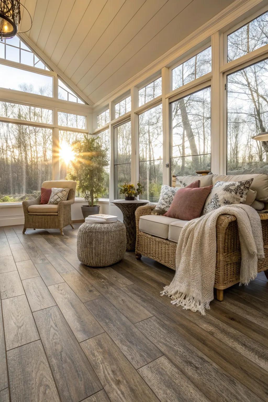 Sunroom with versatile luxury vinyl plank flooring.