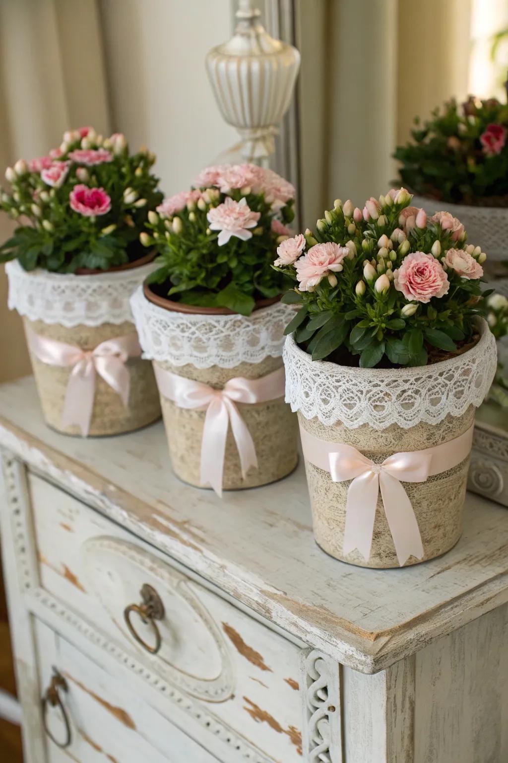 Add elegance to your flower pots with lace and ribbon accents.