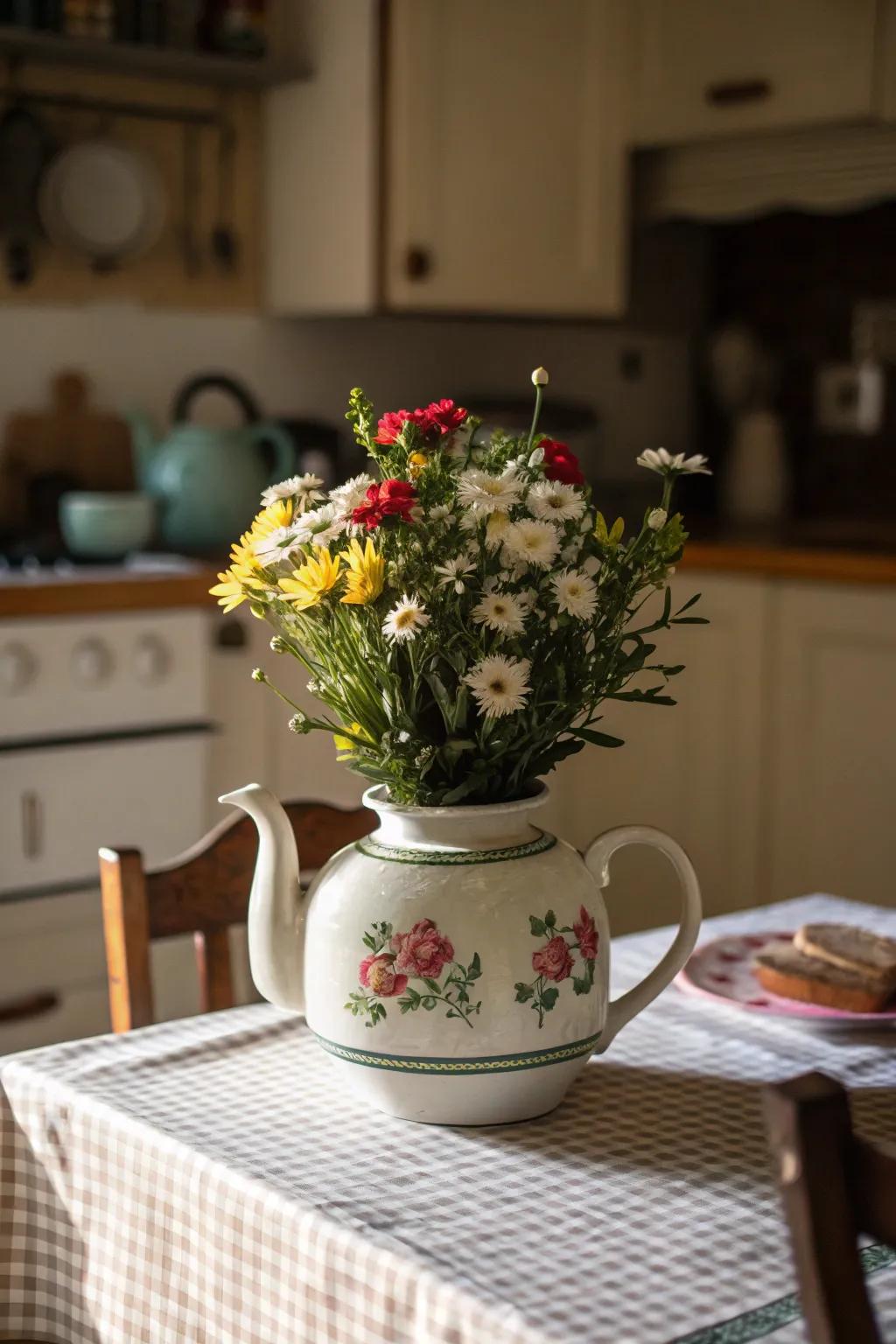 A vintage teapot turned flower pot that adds charm and character.