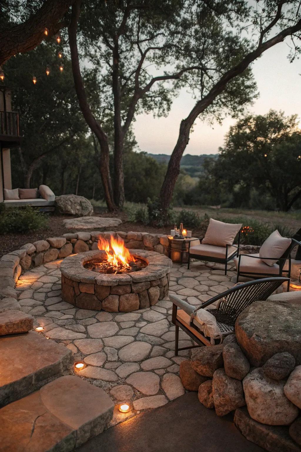 An enchanting fire pit perfect for evenings with friends.