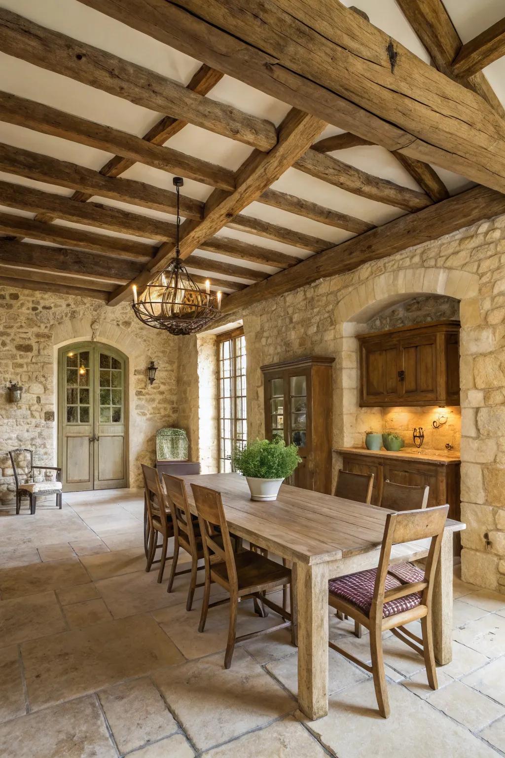 Natural materials create a warm and inviting dining atmosphere.