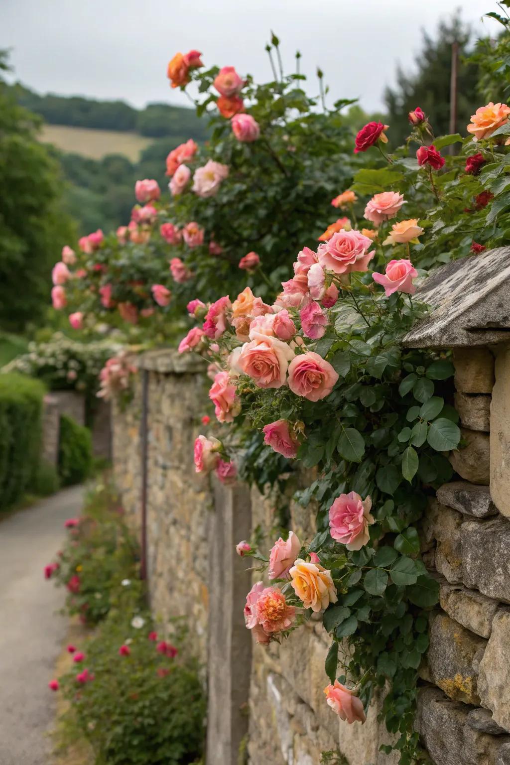 Roses in bloom, adding romantic charm to a garden wall.