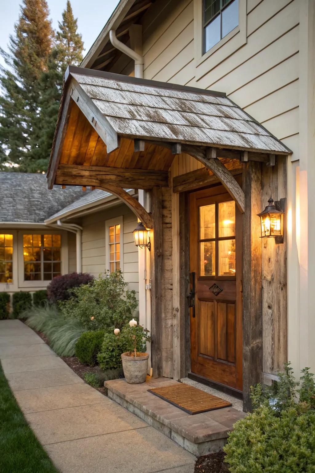 Reclaimed wood awnings exude rustic charm.