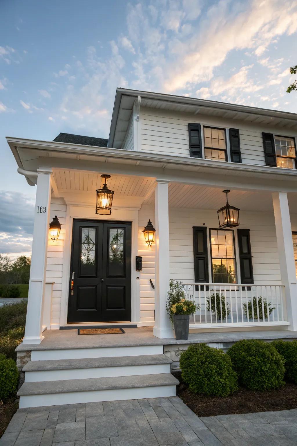 A classic black door creates a bold, sophisticated entrance.