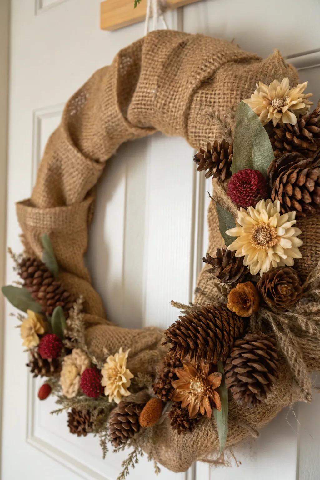 A rustic burlap wreath exuding warmth and charm.