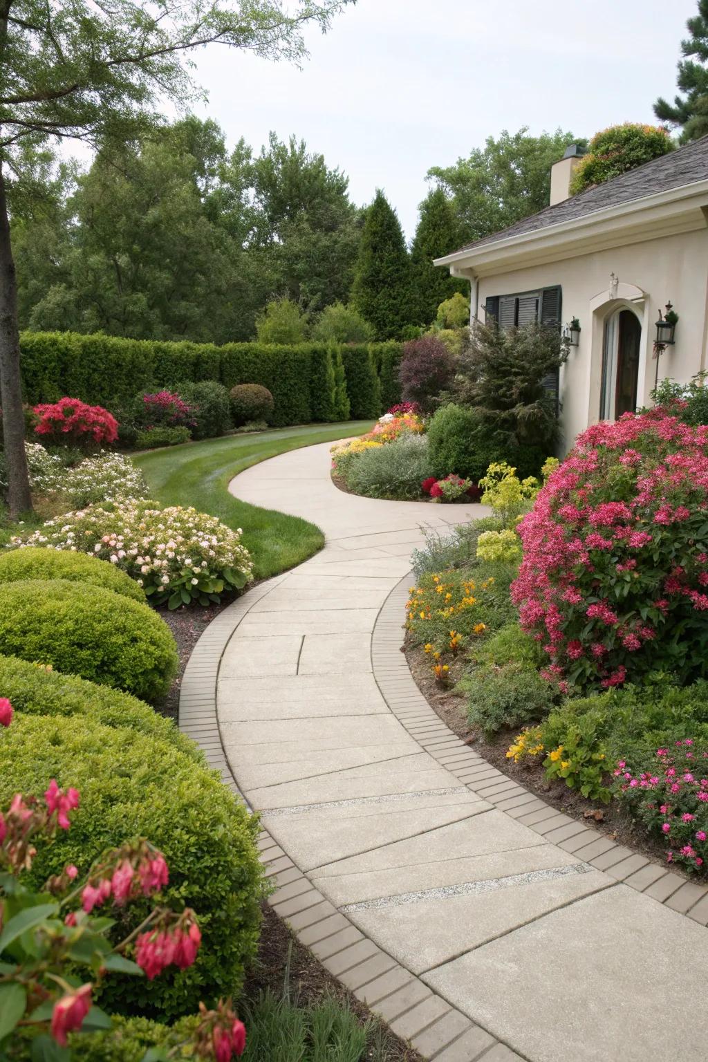 A graceful curved walkway leading to a welcoming front door.