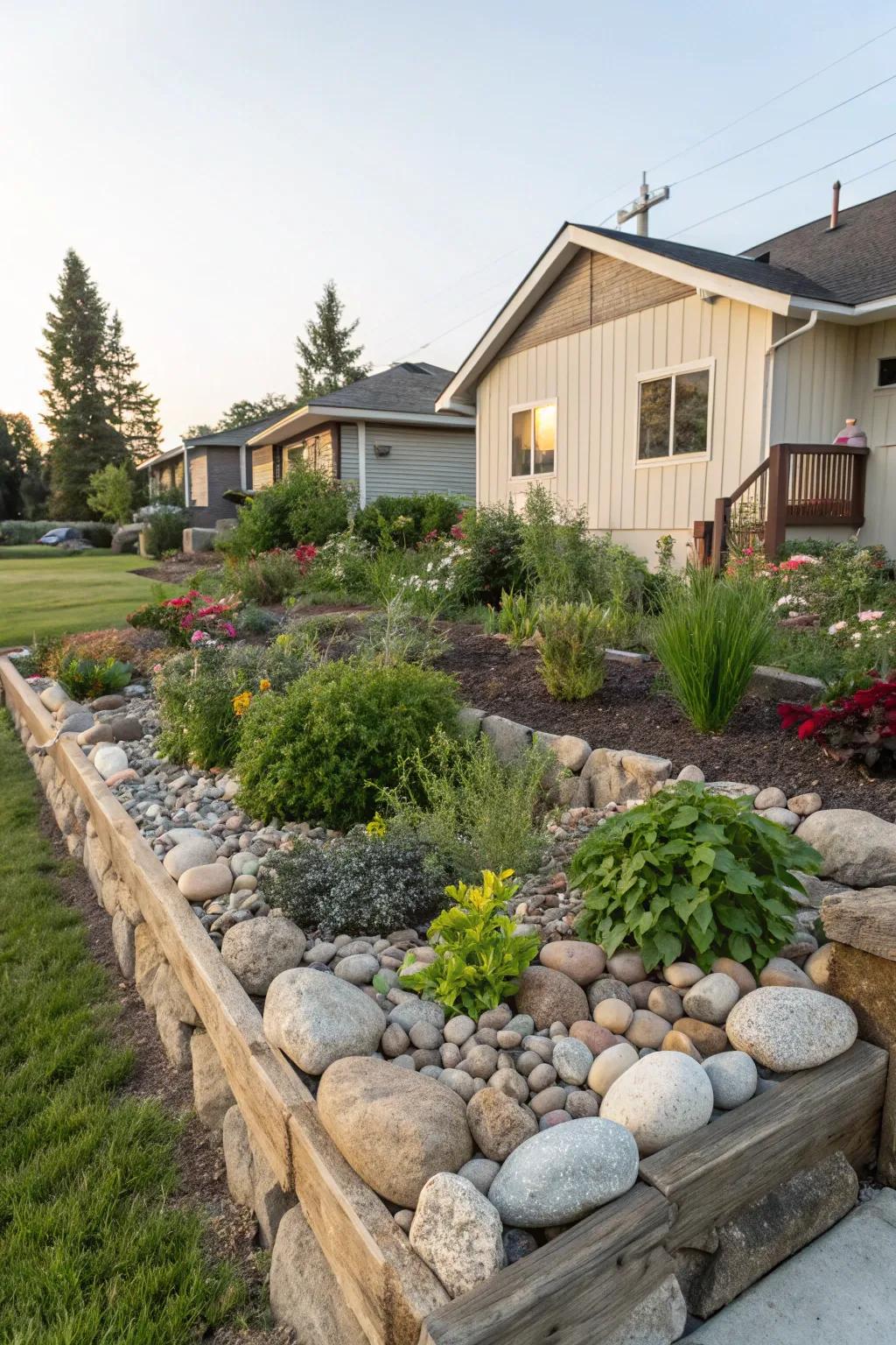 A raised rock garden bed adding dimension and structure to a front yard.