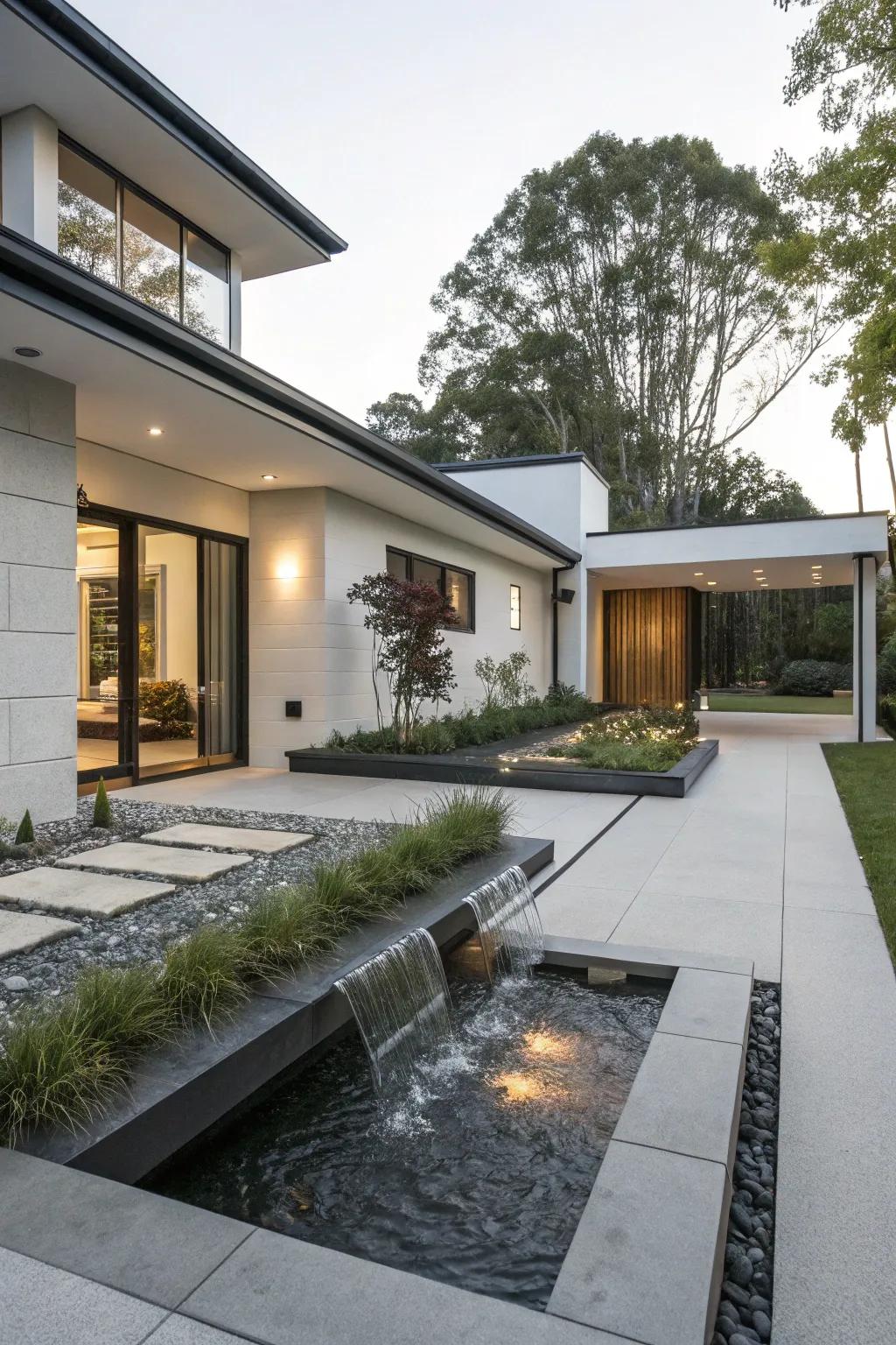 A sleek water feature adds a tranquil touch to modern front yard landscapes.