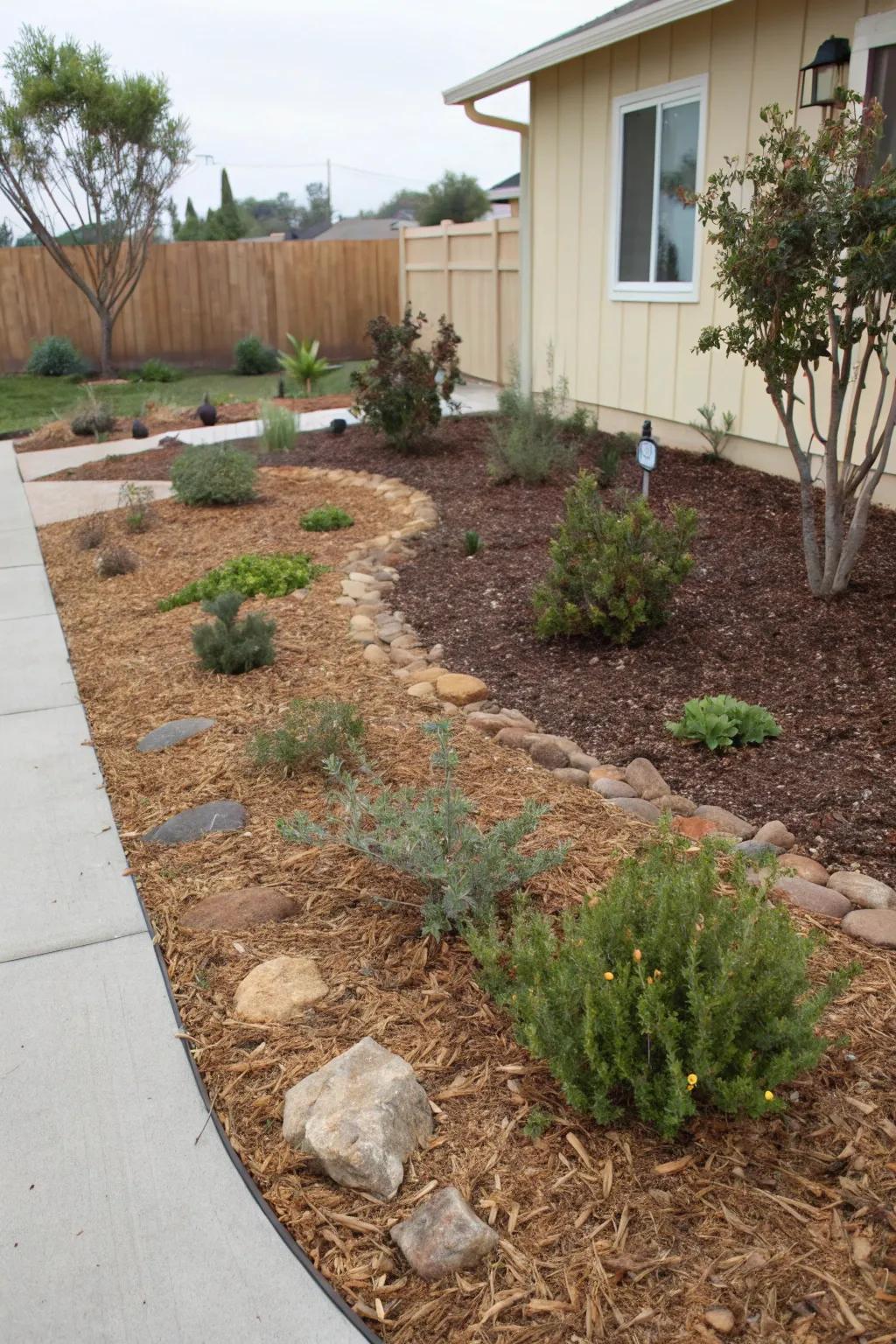 Mulch provides both functional and aesthetic advantages in xeriscapes.