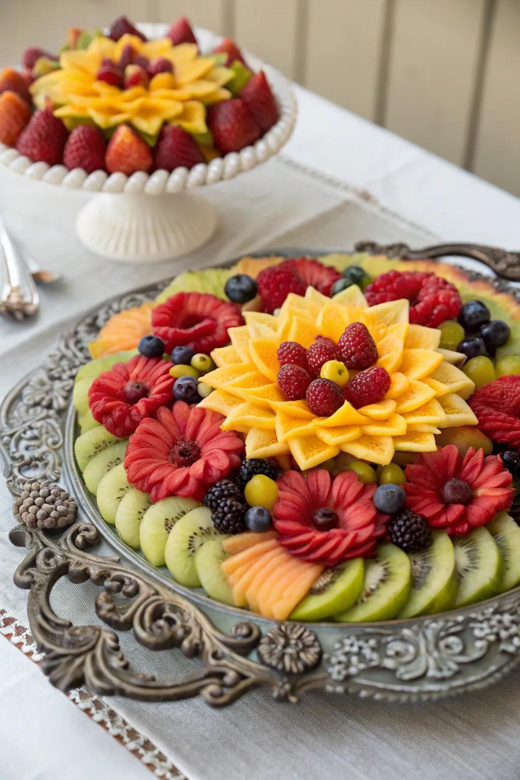 Floral patterns with fruits create a visually stunning centerpiece.