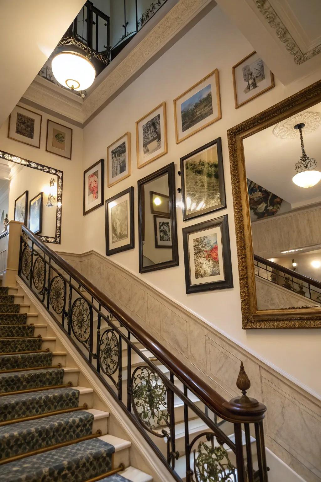 Mirrors add a sense of space and light to the gallery wall.