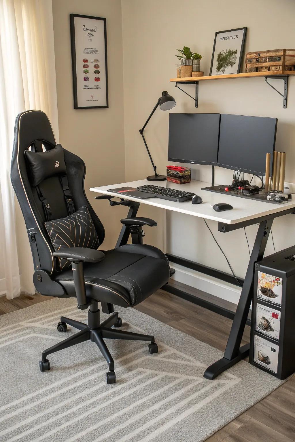 Ergonomic furniture supports long gaming sessions comfortably.