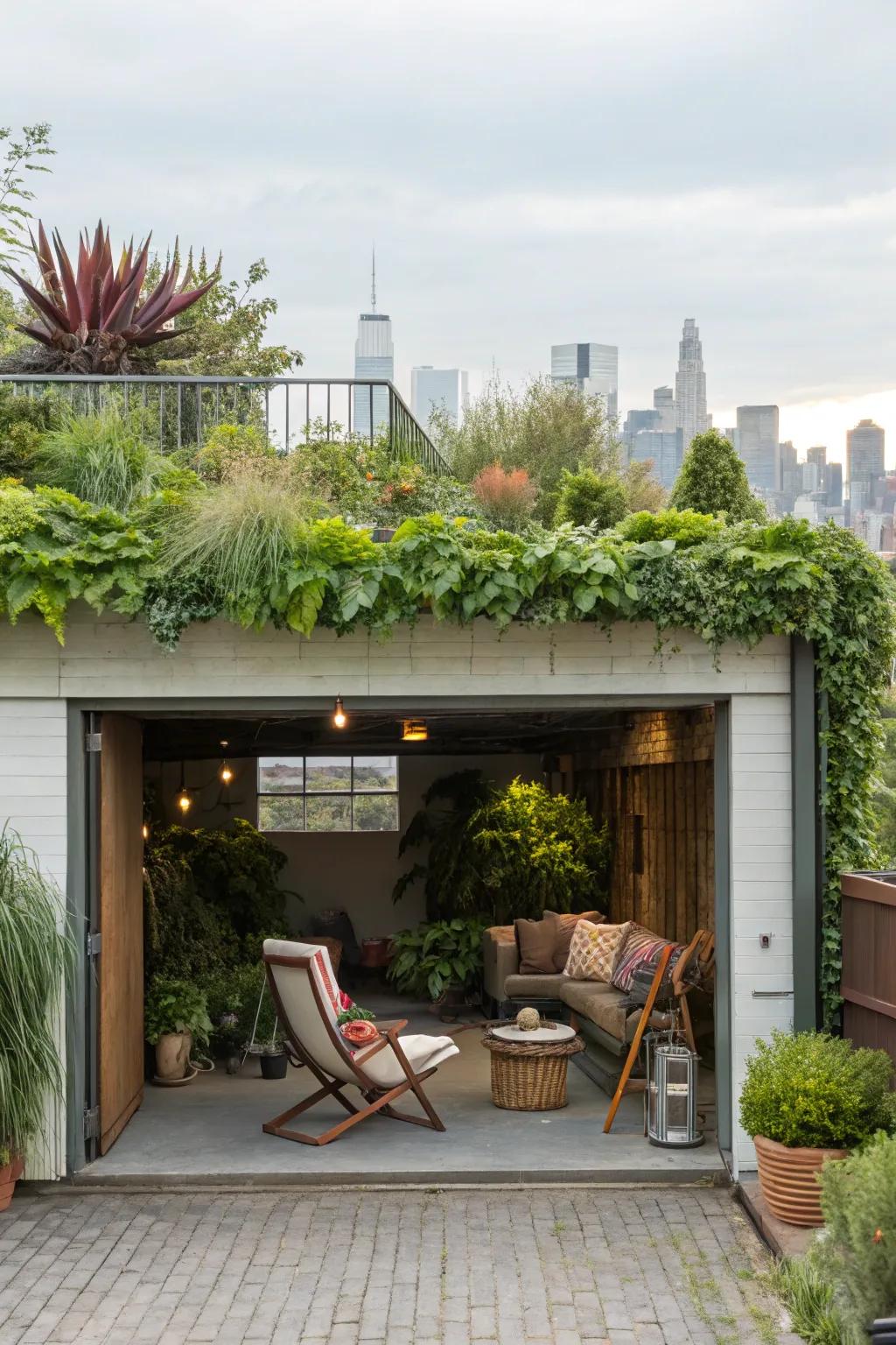 A garage topped with a vibrant rooftop garden.