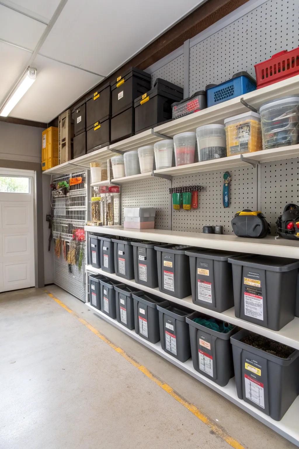 Innovative storage solutions keep the garage organized and clutter-free.