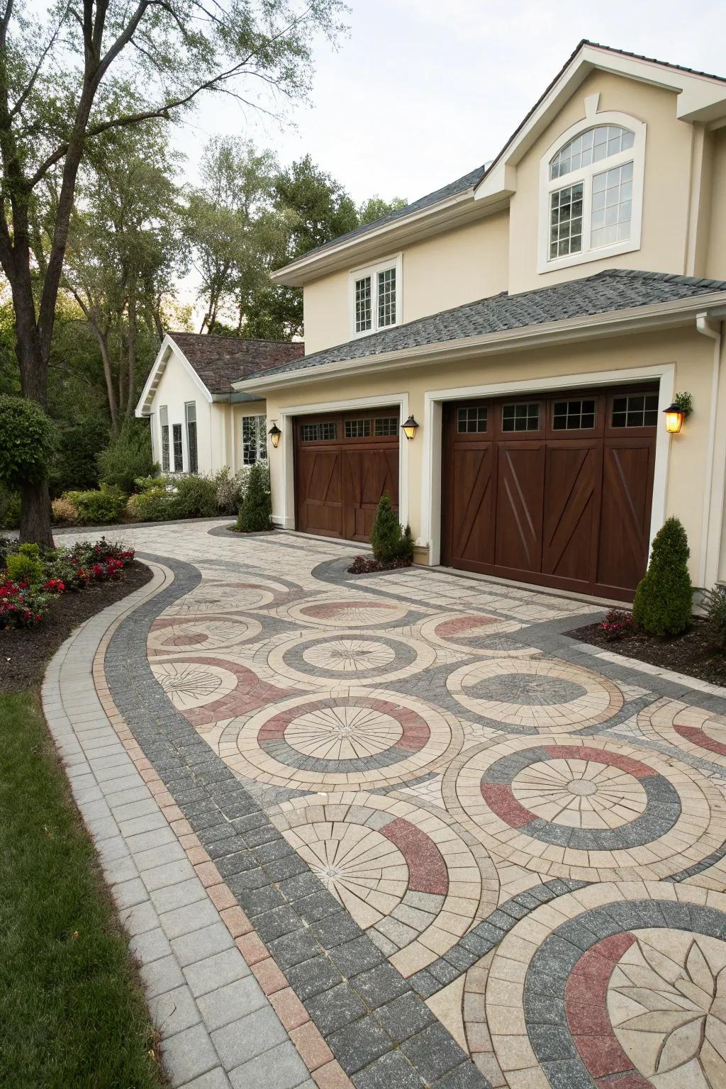 Patterned pavers that add a touch of artistry to the driveway.