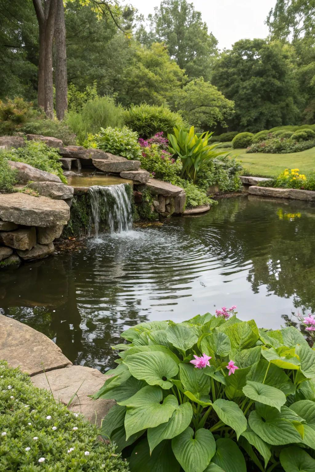 A peaceful pond with a gentle waterfall, creating a calming atmosphere.