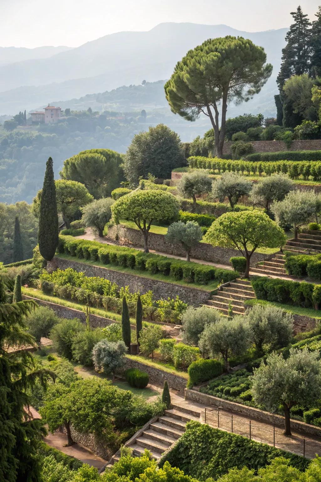 Terraced garden beds incorporating trees as focal points.