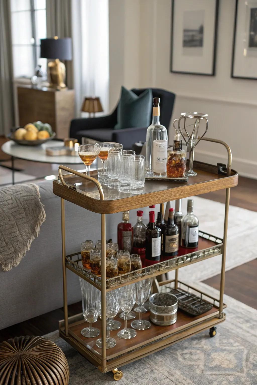 A vintage bar cart combines style with functionality.