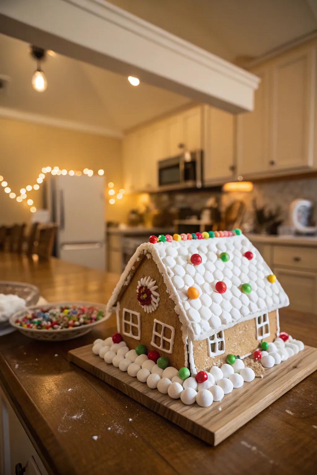 A marshmallow-covered snowy gingerbread roof.