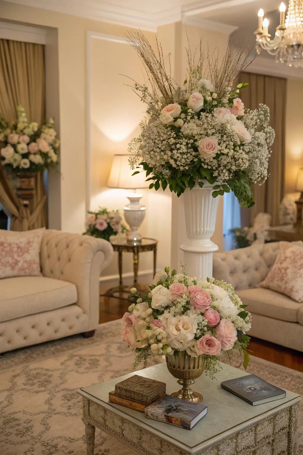 A living room featuring lush floral arrangements for a feminine touch.