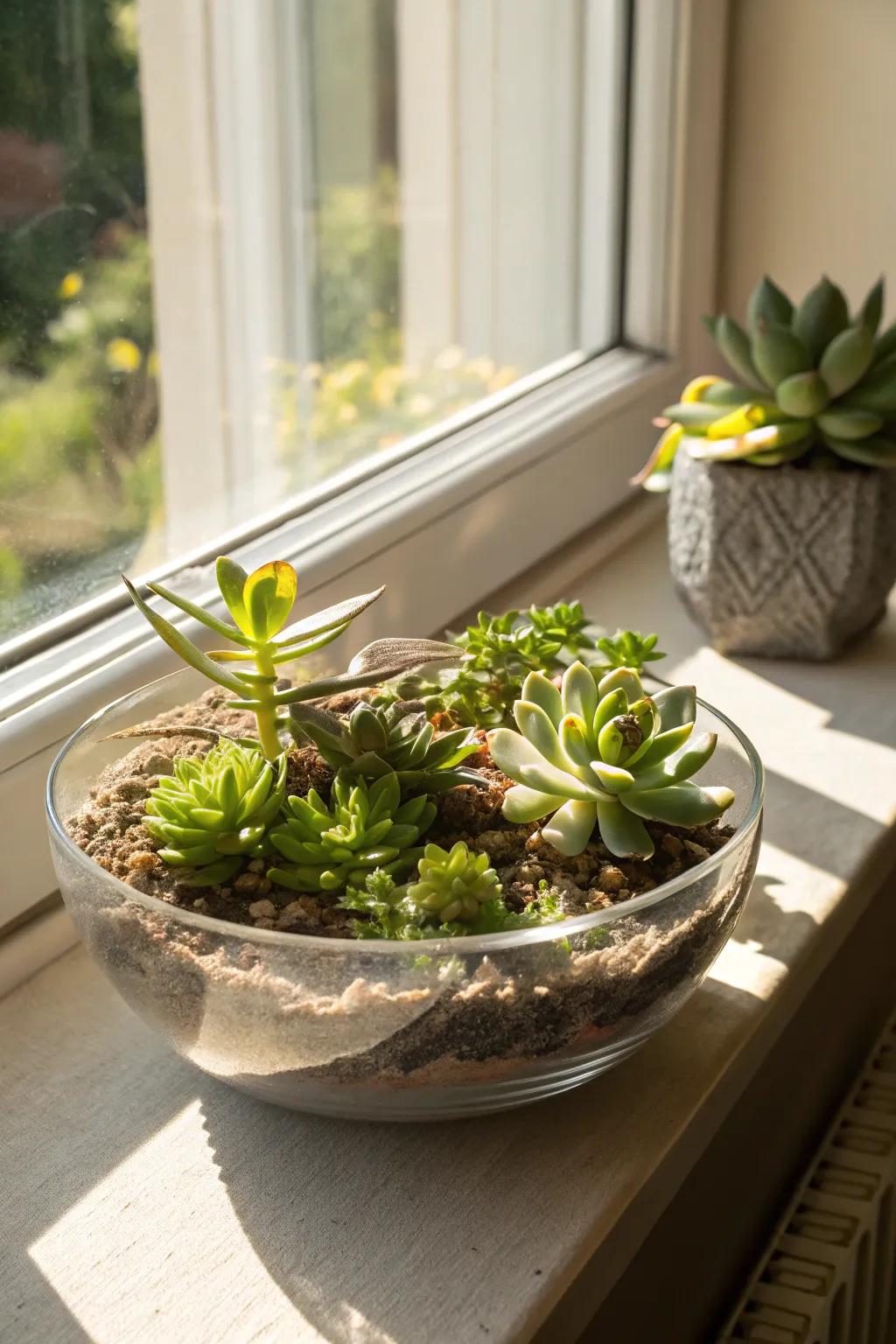 Miniature succulents in a glass bowl add a touch of greenery.