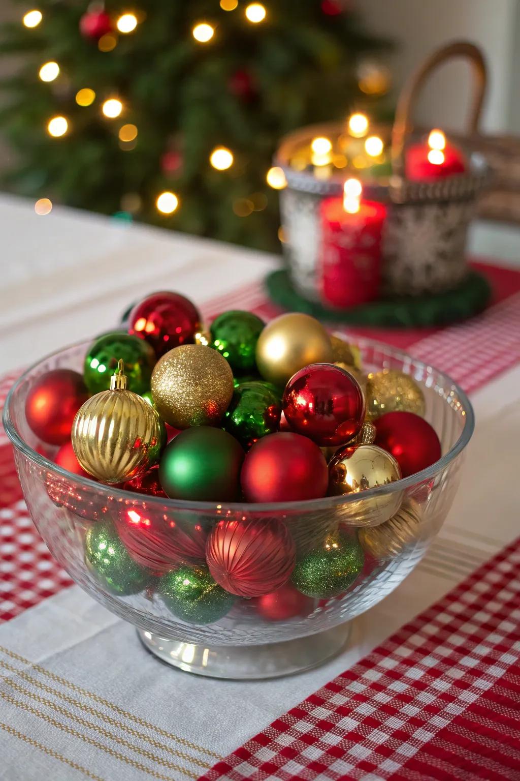 A vibrant collection of ornaments in a glass bowl.