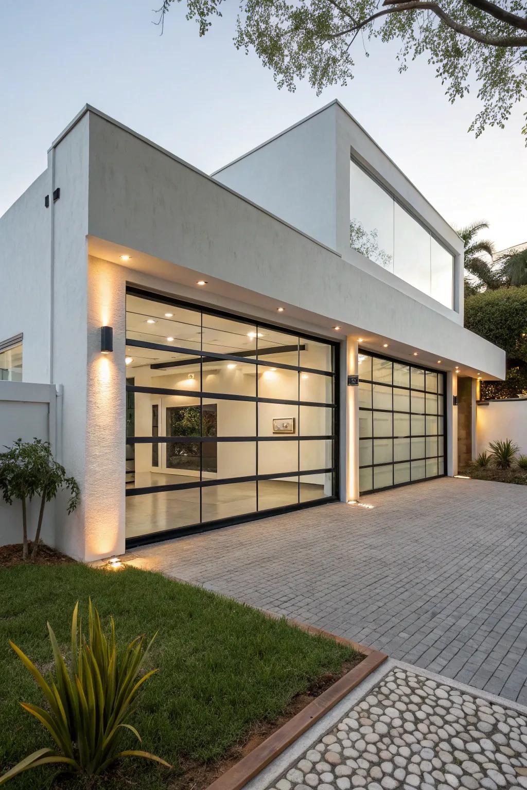 A modern home facade featuring a sleek glass garage door.