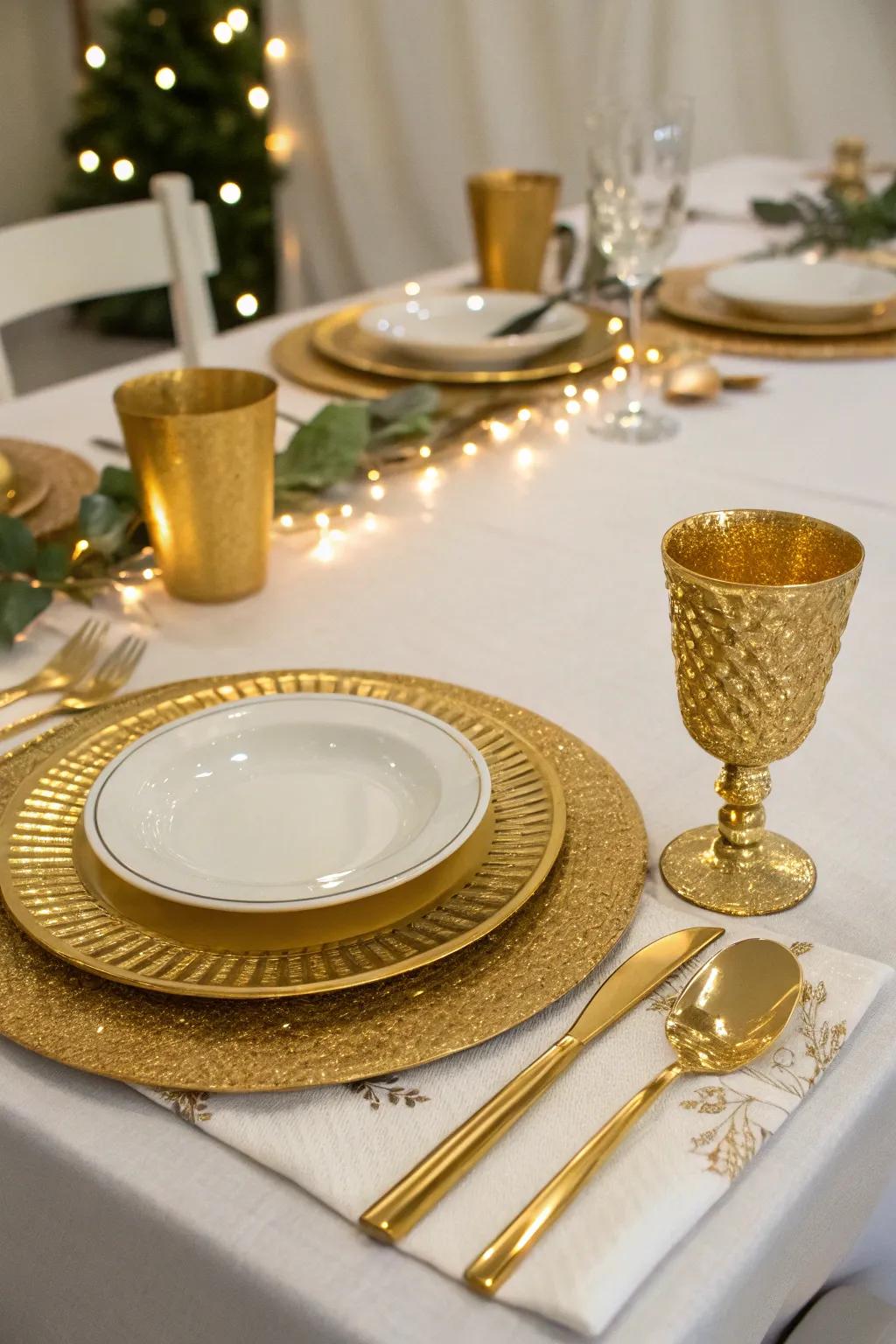 Gold tableware brings a luxurious touch to any dining setup.