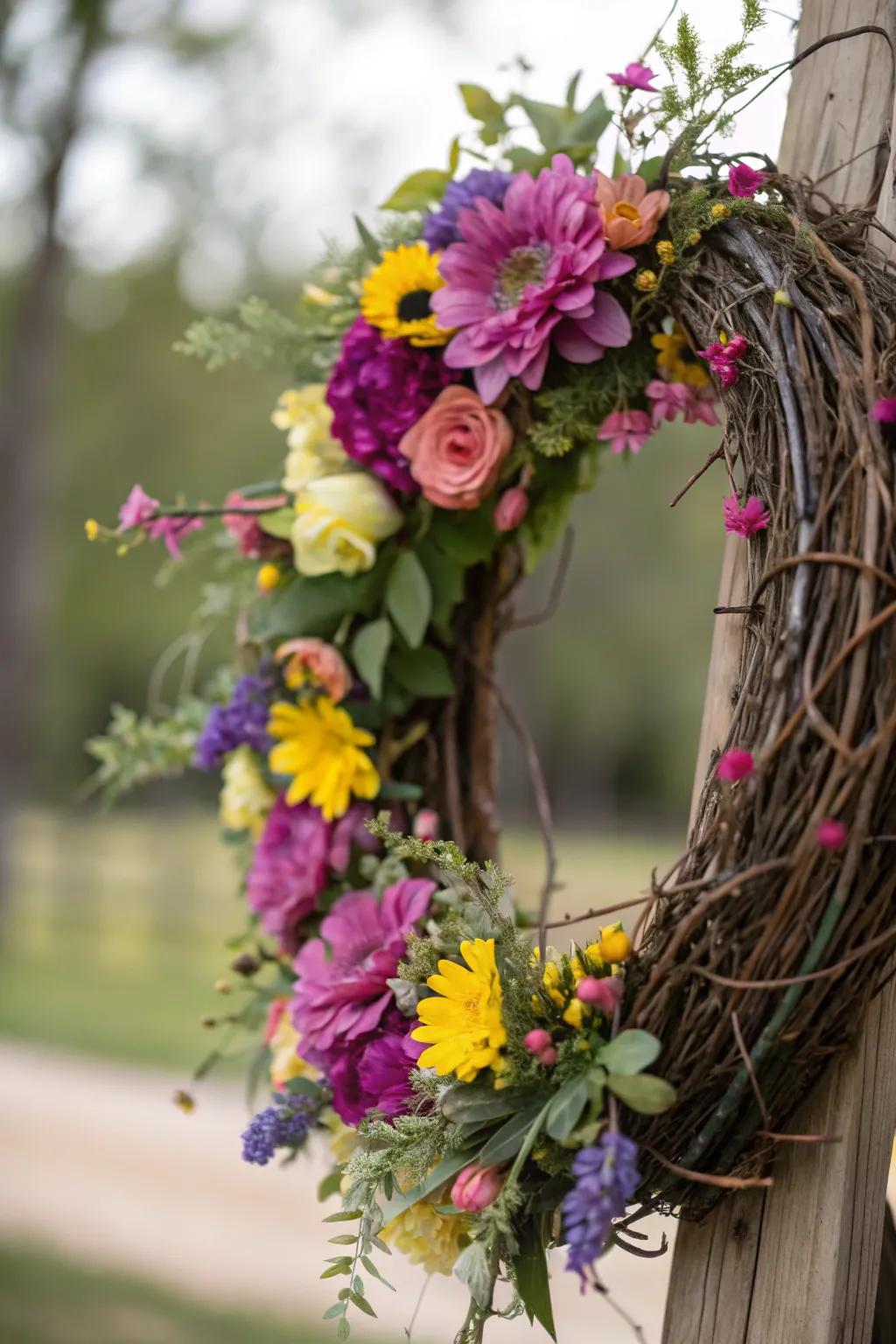 A vibrant floral grapevine wreath with colorful blooms.