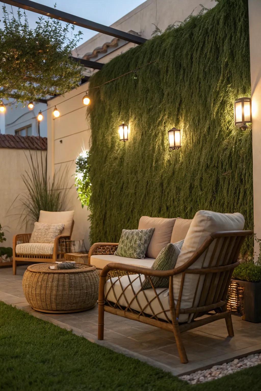 Create an inviting patio space with a grass wall, perfect for outdoor relaxation.