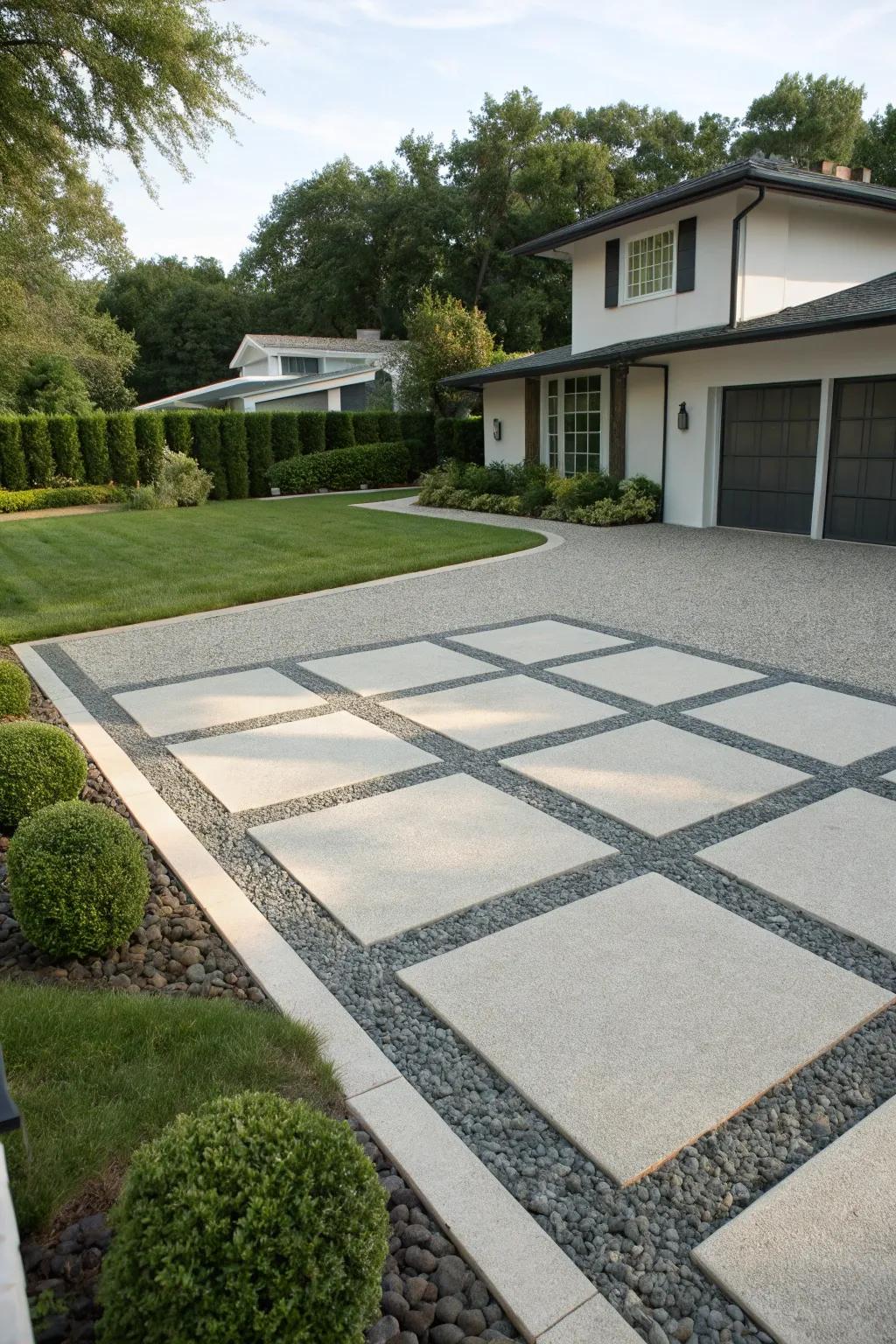 Geometric paver patterns elevate the driveway's visual appeal.