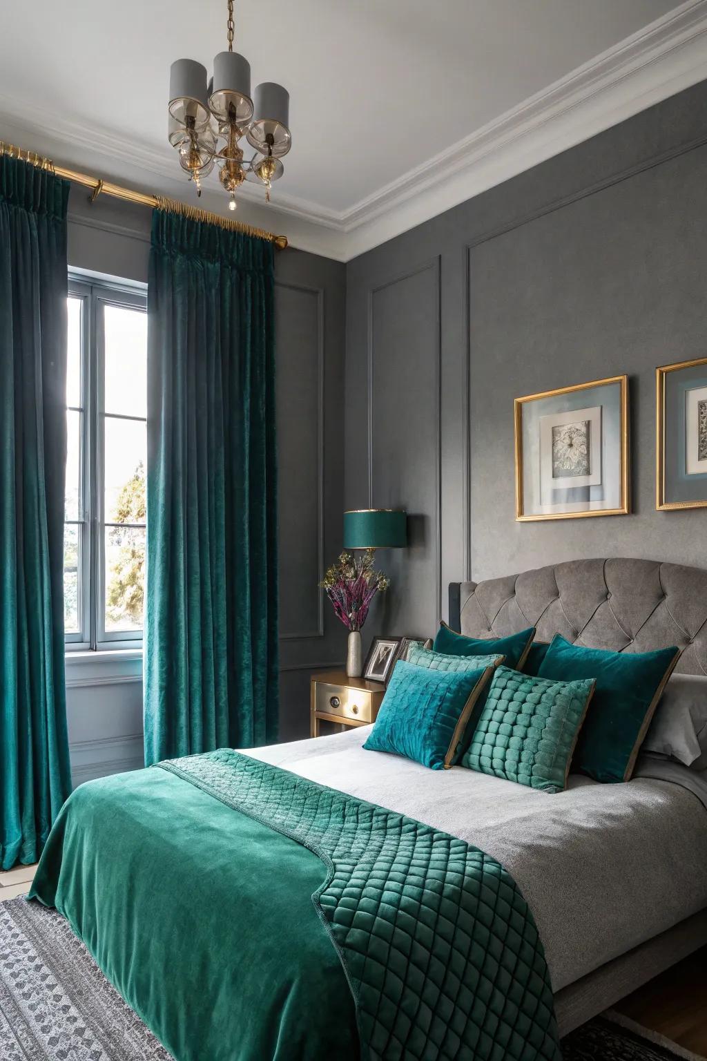 A moody gray bedroom with luxurious jewel tones.