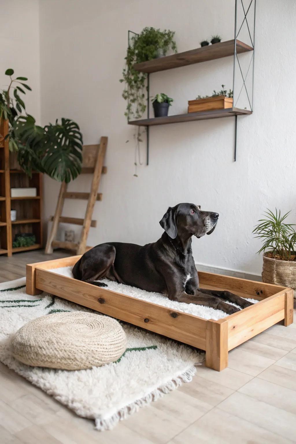 Raised wooden beds provide support and style for your Great Dane's resting place.