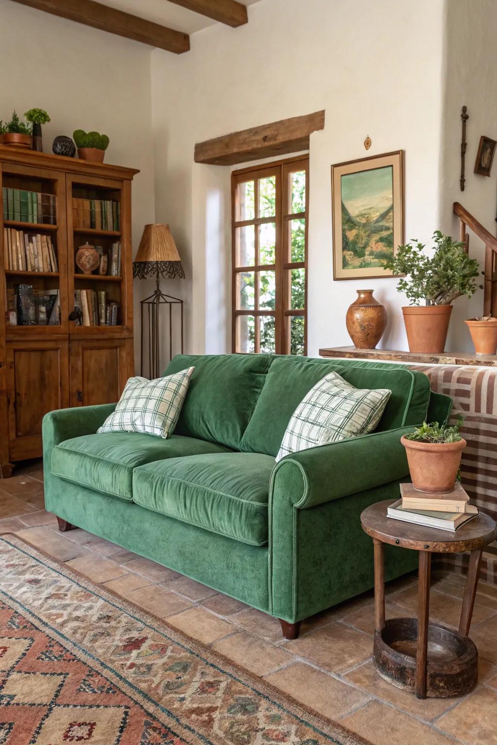 A harmonious living room featuring a green velvet couch paired with earthy tones.