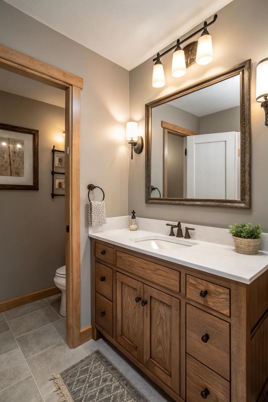 Greige walls paired with wood create a warm and inviting bathroom space.