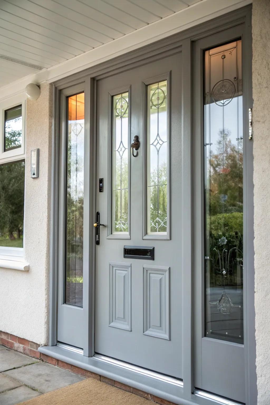 Glass insets brighten up this grey composite door, creating an inviting entryway.