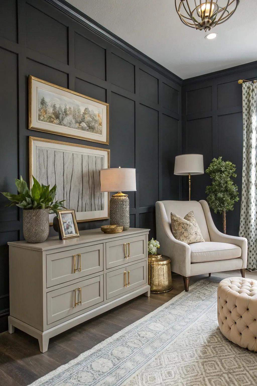 Dramatic grey accent wall paired with light furnishings.