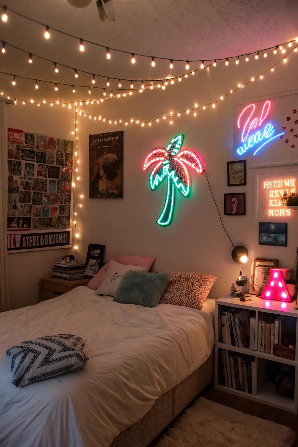 String lights and neon signs add a playful twist to your room.