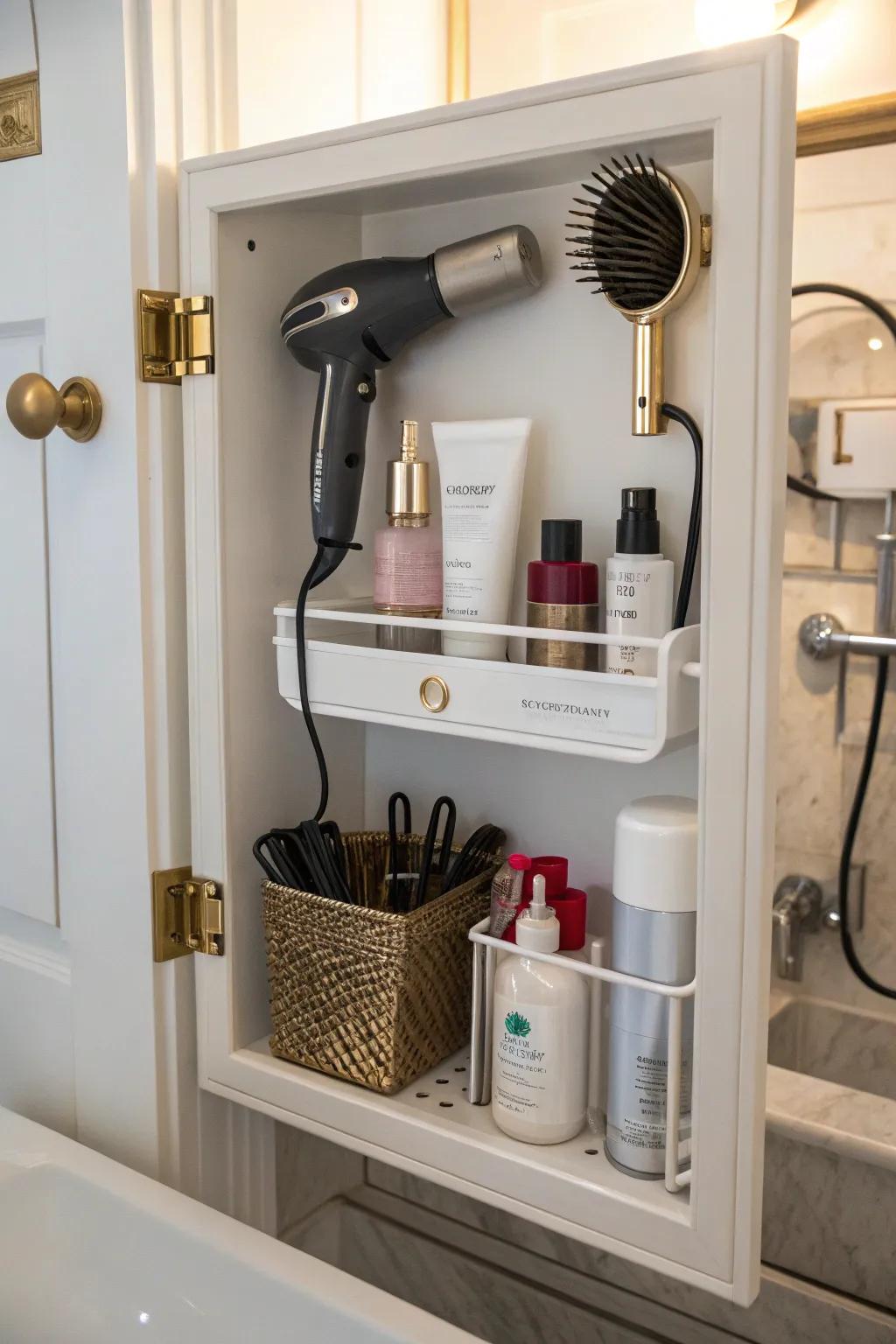 Hidden cabinet door holder for discreet and convenient storage.