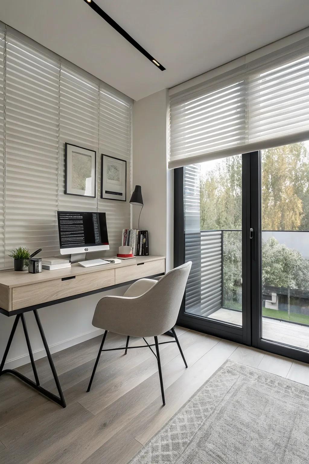 Modern home office with minimalist half blinds.