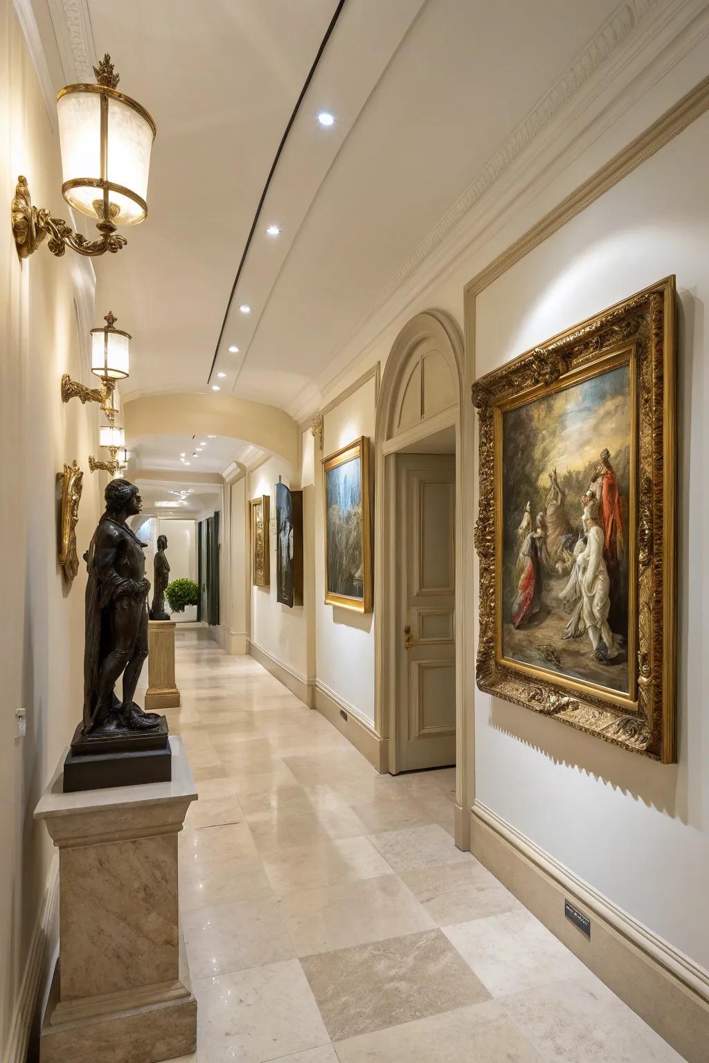 Eclectic mixes of art styles bring personality to any hallway.