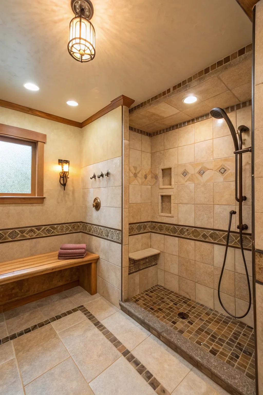 Hand shower positioned next to a shower bench for added convenience.