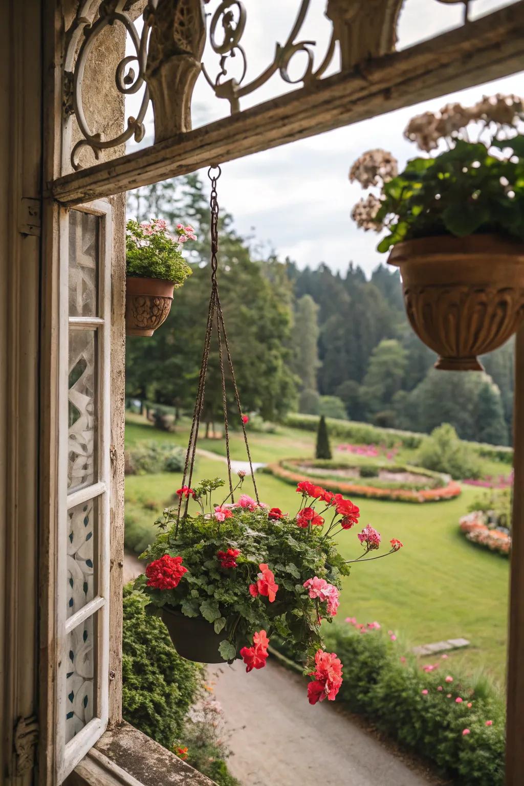 A rustic window frame highlights lovely geraniums.