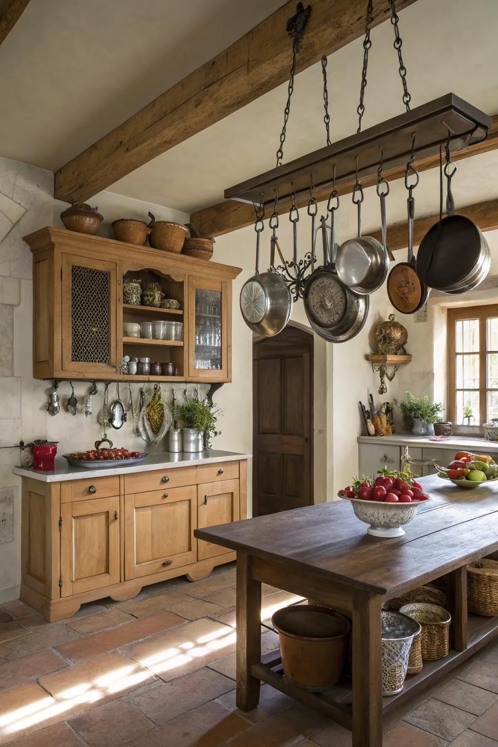 A hanging pot rack combines utility with style.