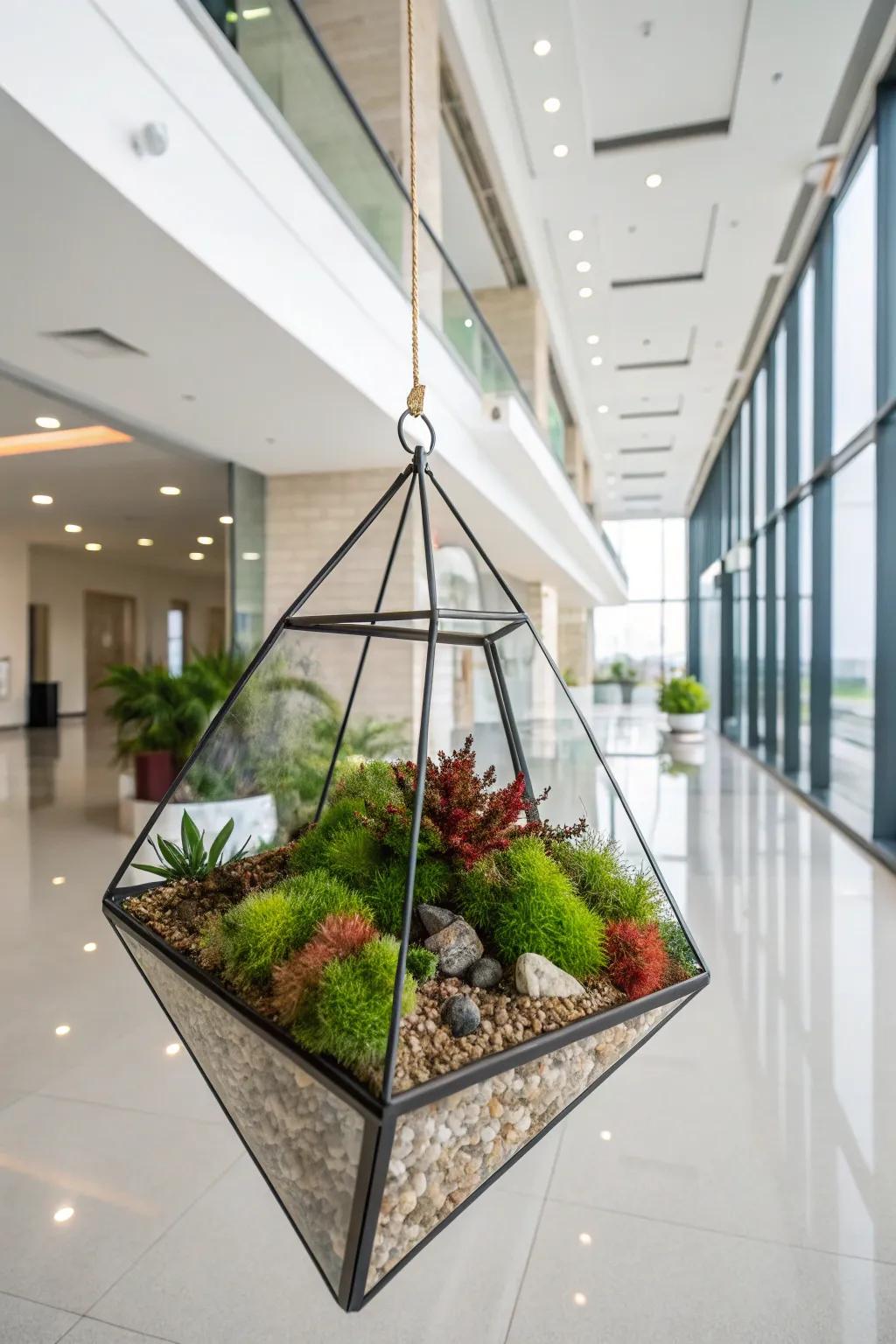 Geometric terrarium filled with vibrant moss for a modern flair.