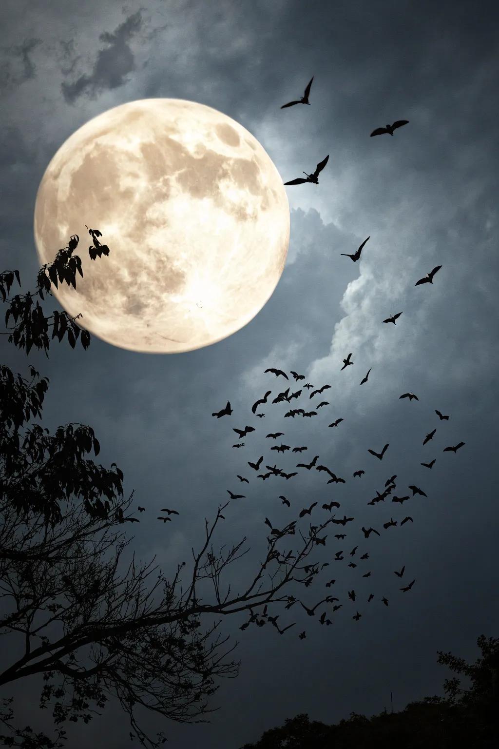 Bats and moon poster that captures the spirit of Halloween night.