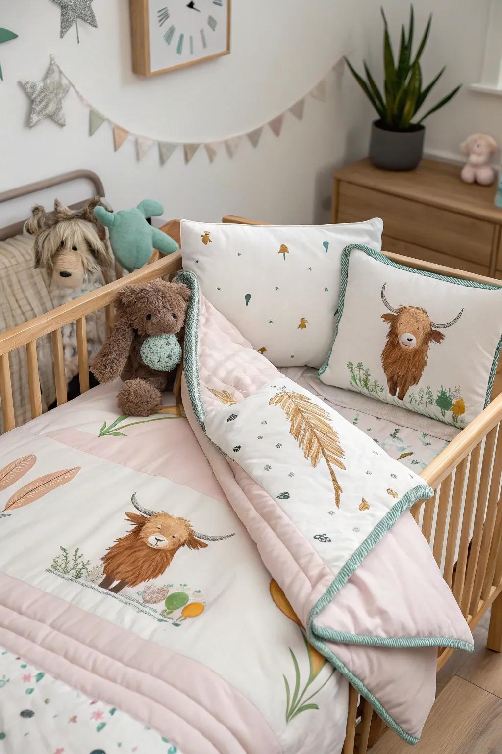 Highland cow textiles create a snug and inviting space for your little one.