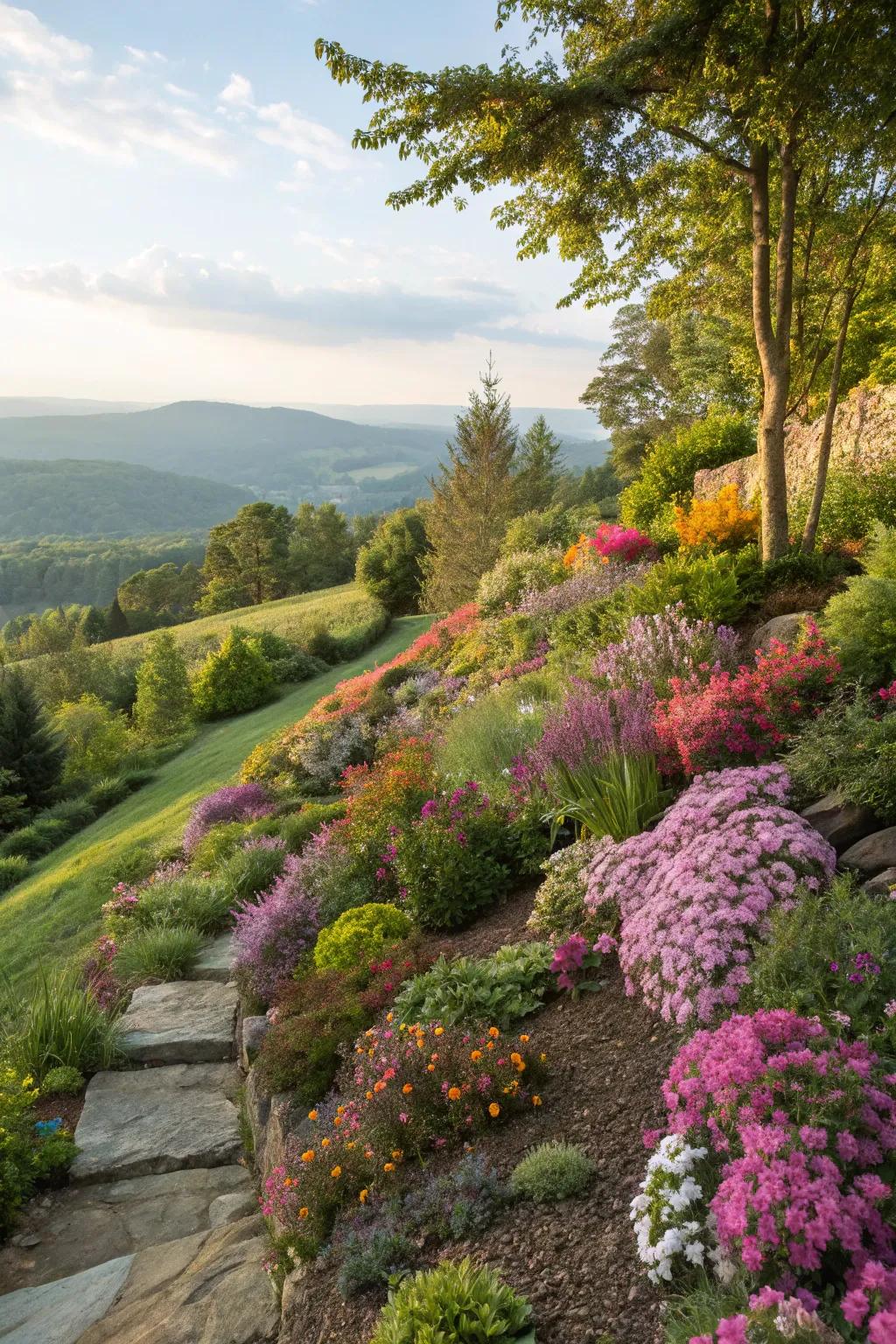 A variety of colorful plants can transform a hillside into a vibrant garden.