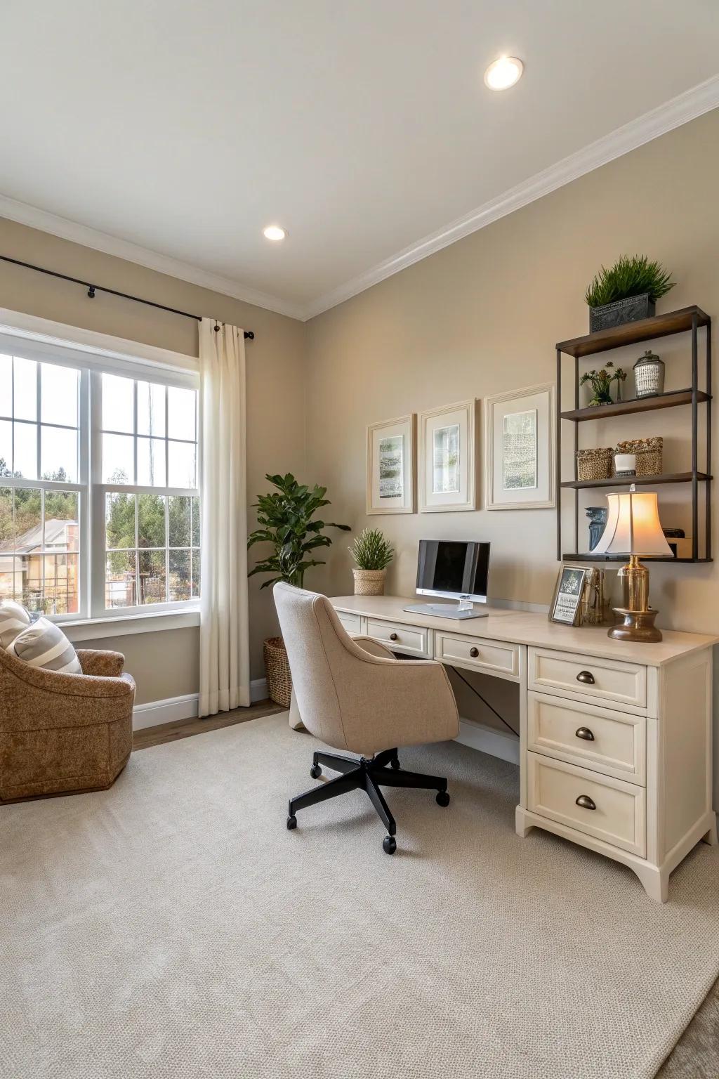 Neutral beige walls create a warm and inviting home office atmosphere.